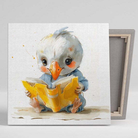 Baby Bird Reading Book Poster Cute Watercolor Nursery Kids Decor
