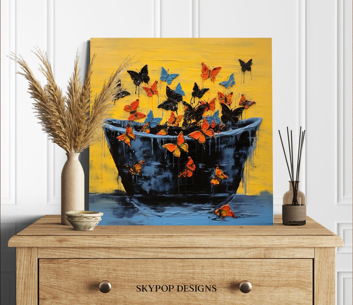 Colorful Butterflies Black Bathtub Mustard Yellow Bold Art Wall Poster - Image 2