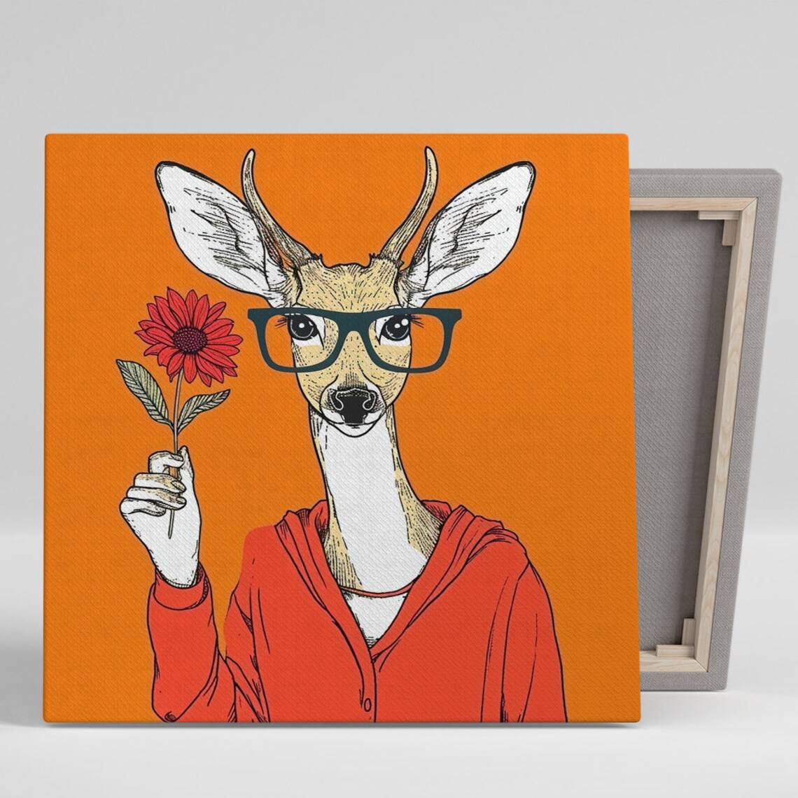 Hipster Deer in Glasses and Red Hoodie Holding Flower Bohemian Wall Art