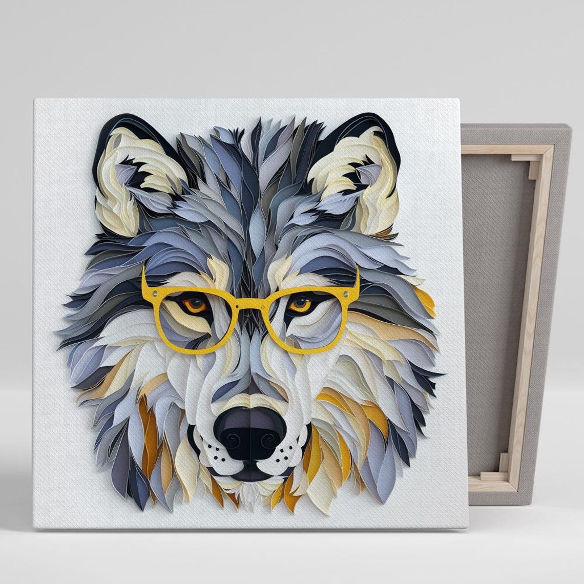 Hipster Wolf In Yellow Glasses Layered Paper Cut Style Art Poster