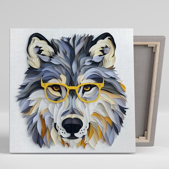 Hipster Wolf In Yellow Glasses Layered Paper Cut Style Art Poster