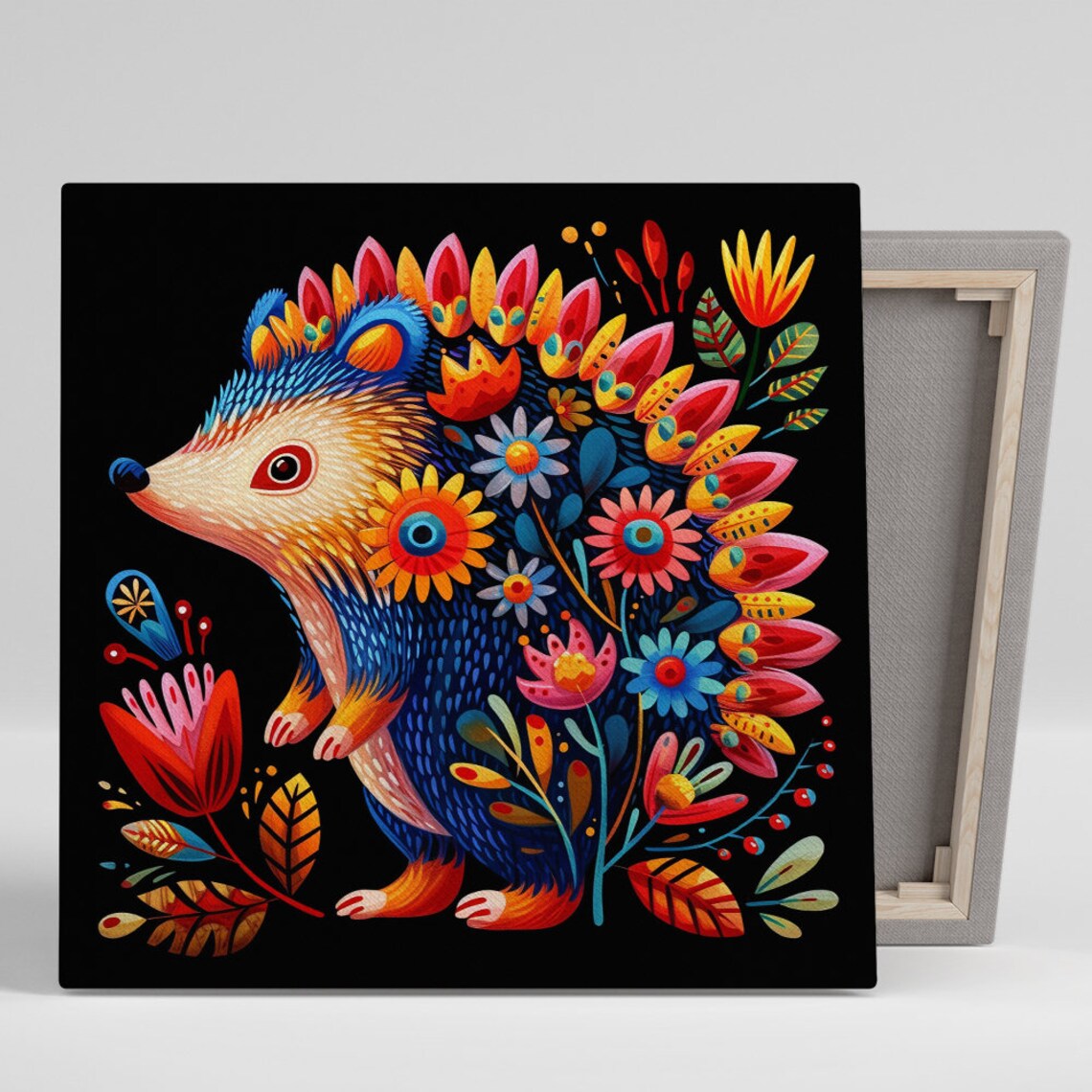 Colorful Folk Art Hedgehog With Blooming Flowers on Black Poster