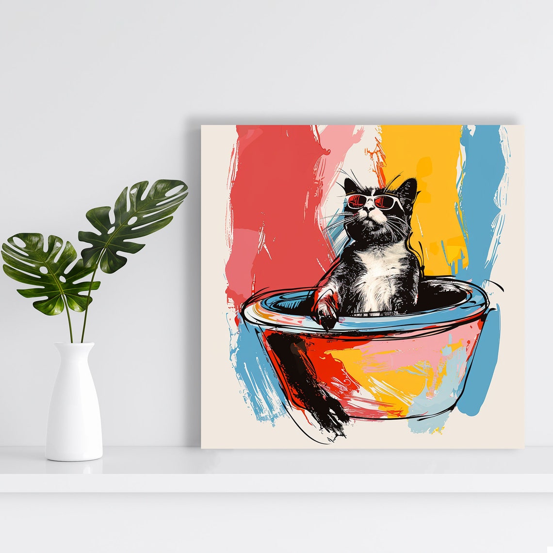 Cool Cat In Bowl With Red Sunglasses Playful Pop Art Wall Poster - Image 2