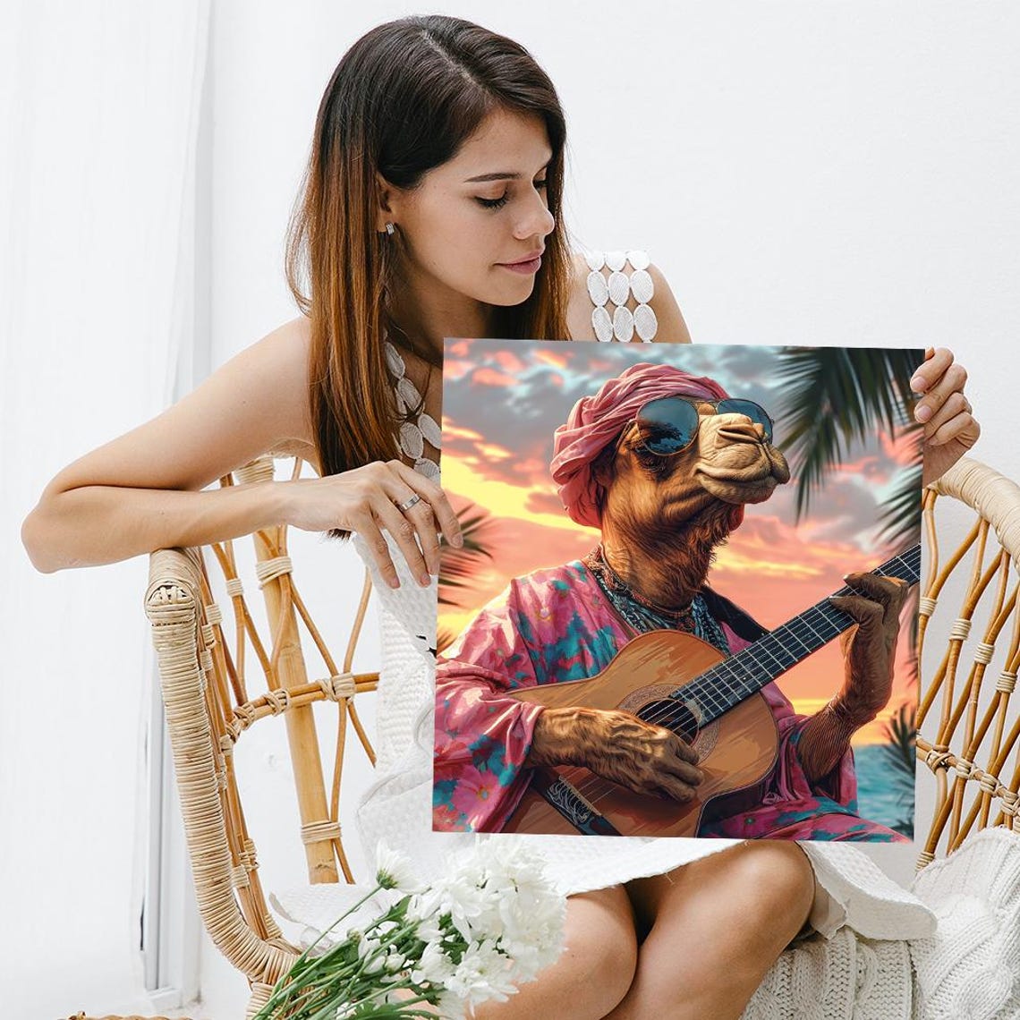 Camel Playing Guitar at Tropical Sunset Beach Musician Animal Poster - Image 3