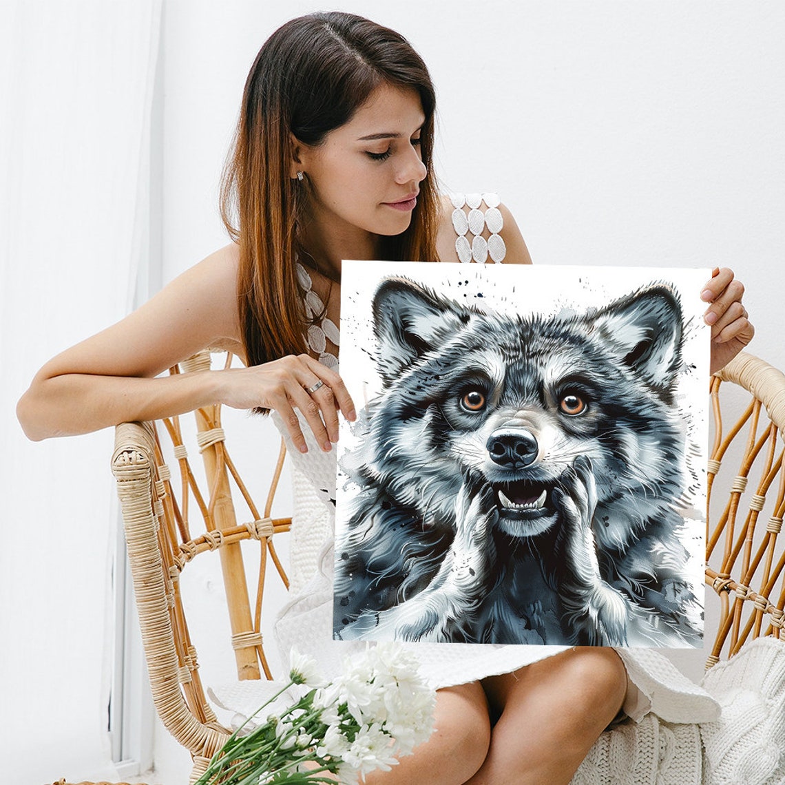 Fierce Raccoon Intense Gaze Rustic Gray Wild Animal Wall Art Poster - Image 3