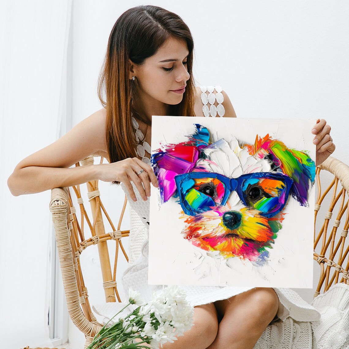 Colorful Puppy Wearing Blue Glasses Pop Art Style Portrait Wall Poster - Image 3