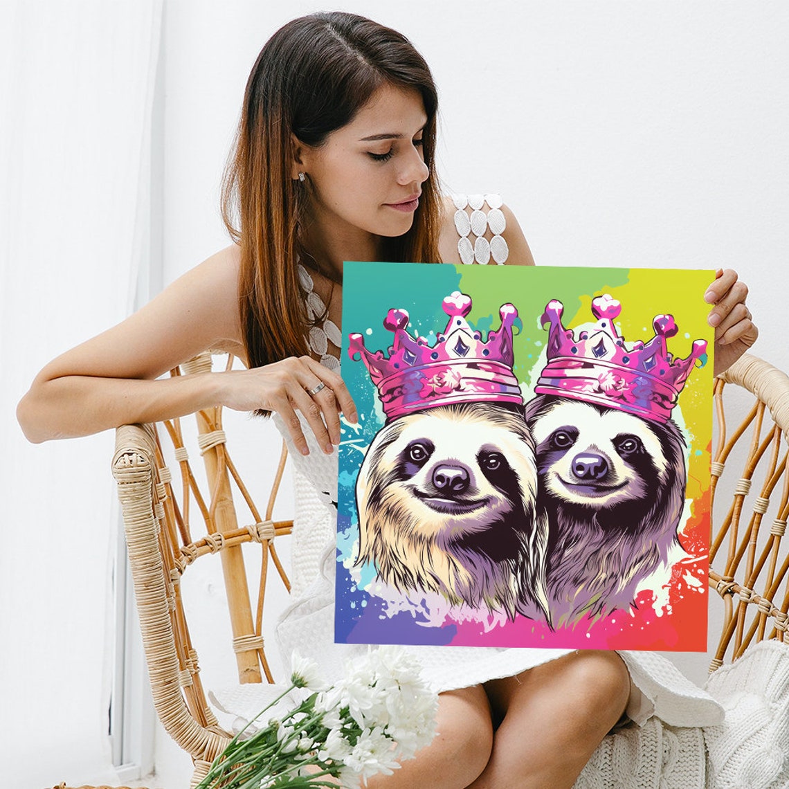 Smiling Sloth Duo Wearing Pink Crowns Pop Art Rainbow Wall Poster - Image 3