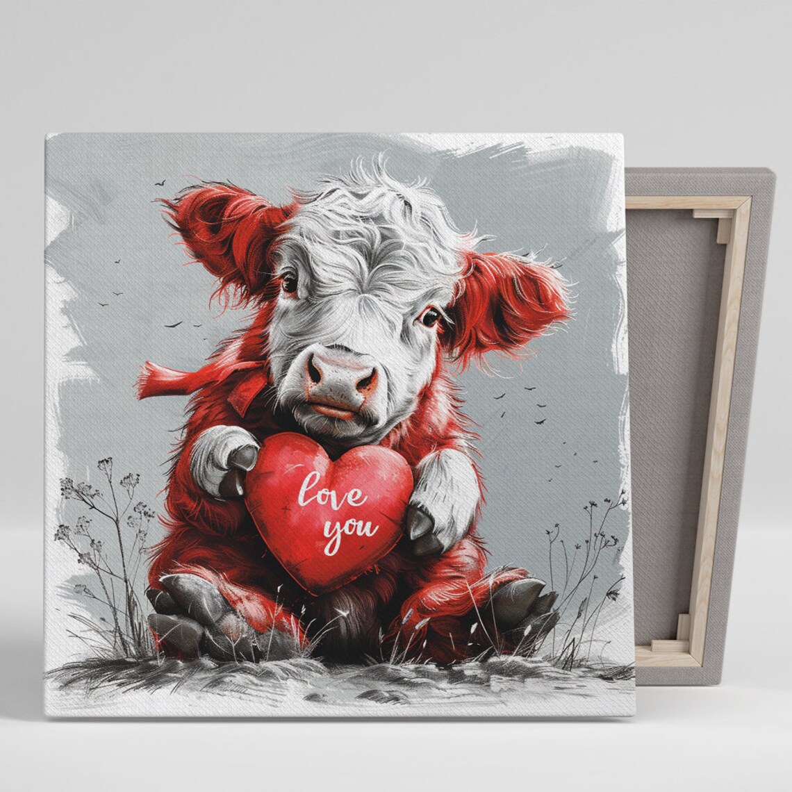 Sweet Baby Highland Calf Holding Love You Red Heart Gift Poster