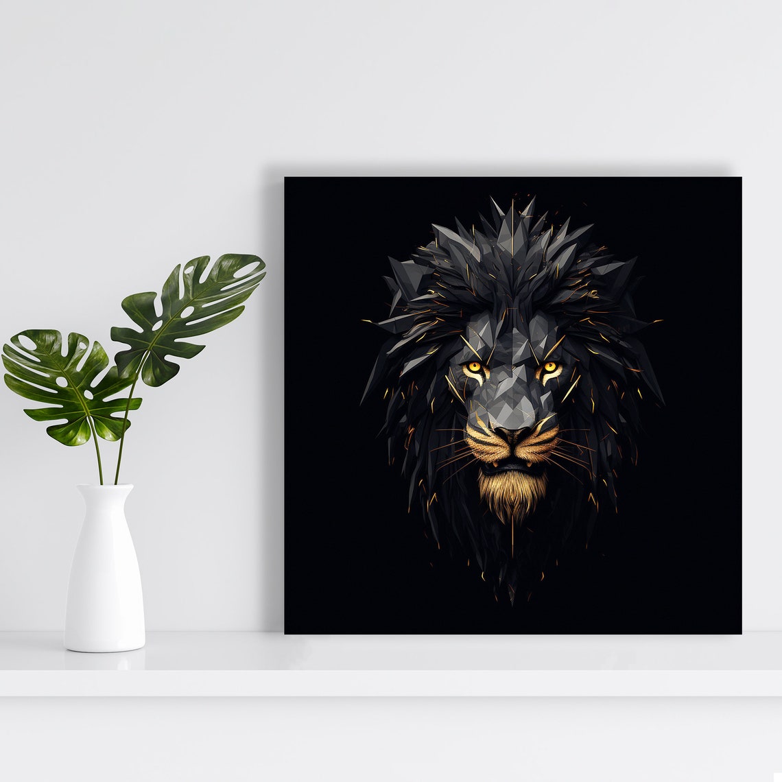 Geometric Black Lion Gold Eyes Contemporary Minimal Wall Art Poster - Image 2