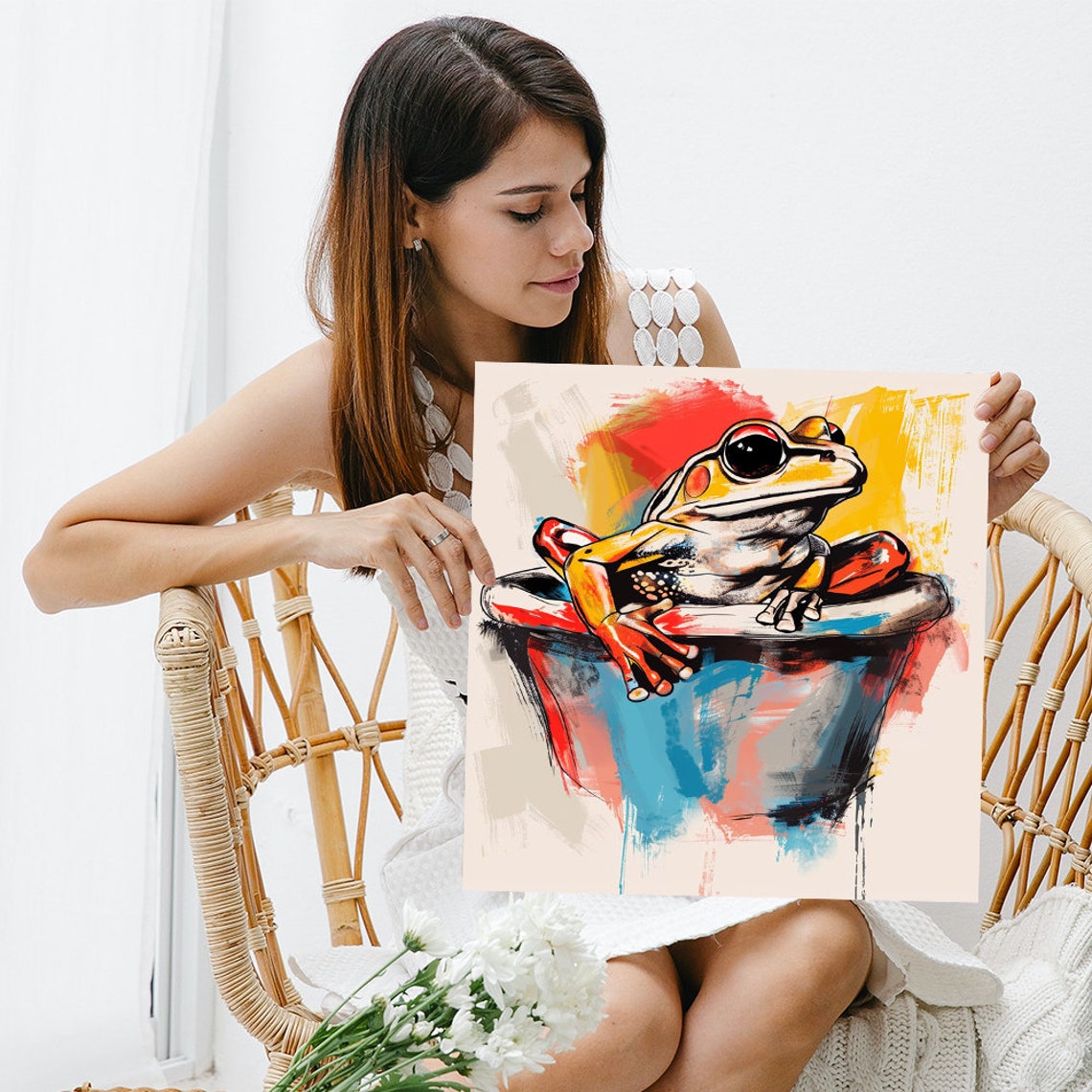 Tree Frog Sitting on Paint Bucket Colorful Whimsical Wall Art - Image 3