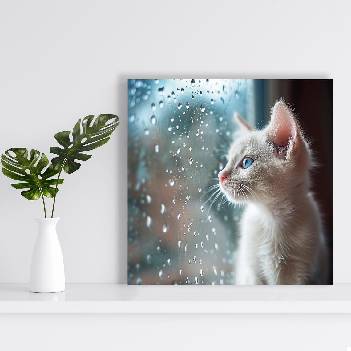 White Kitten Rainy Window Blue Eyes Cozy Photography Wall Poster - Image 2