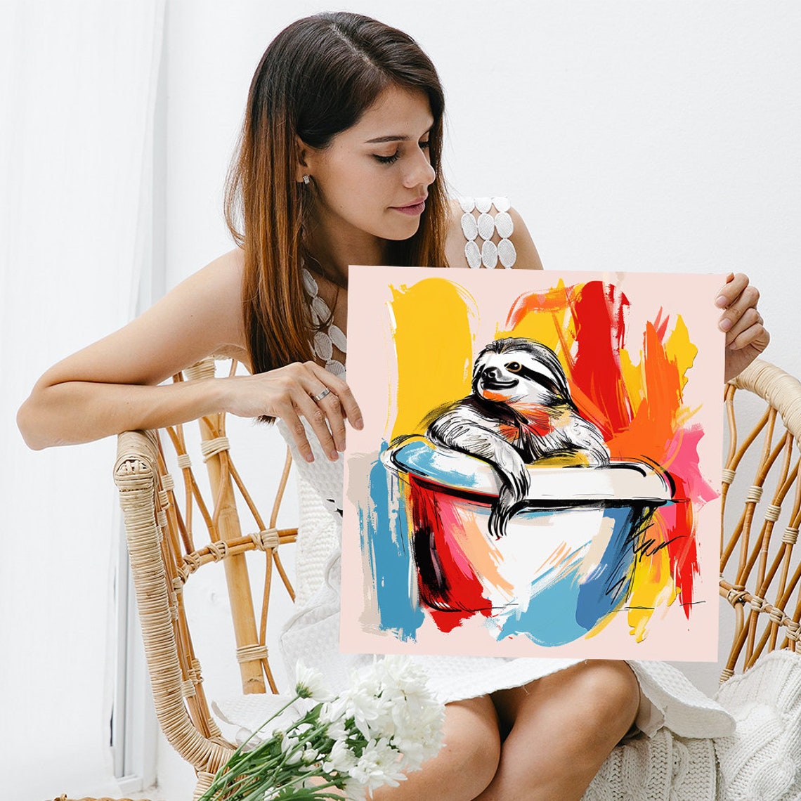 Vibrant Sloth Relaxing in Colorful Bathtub Abstract Brushstroke Poster - Image 3