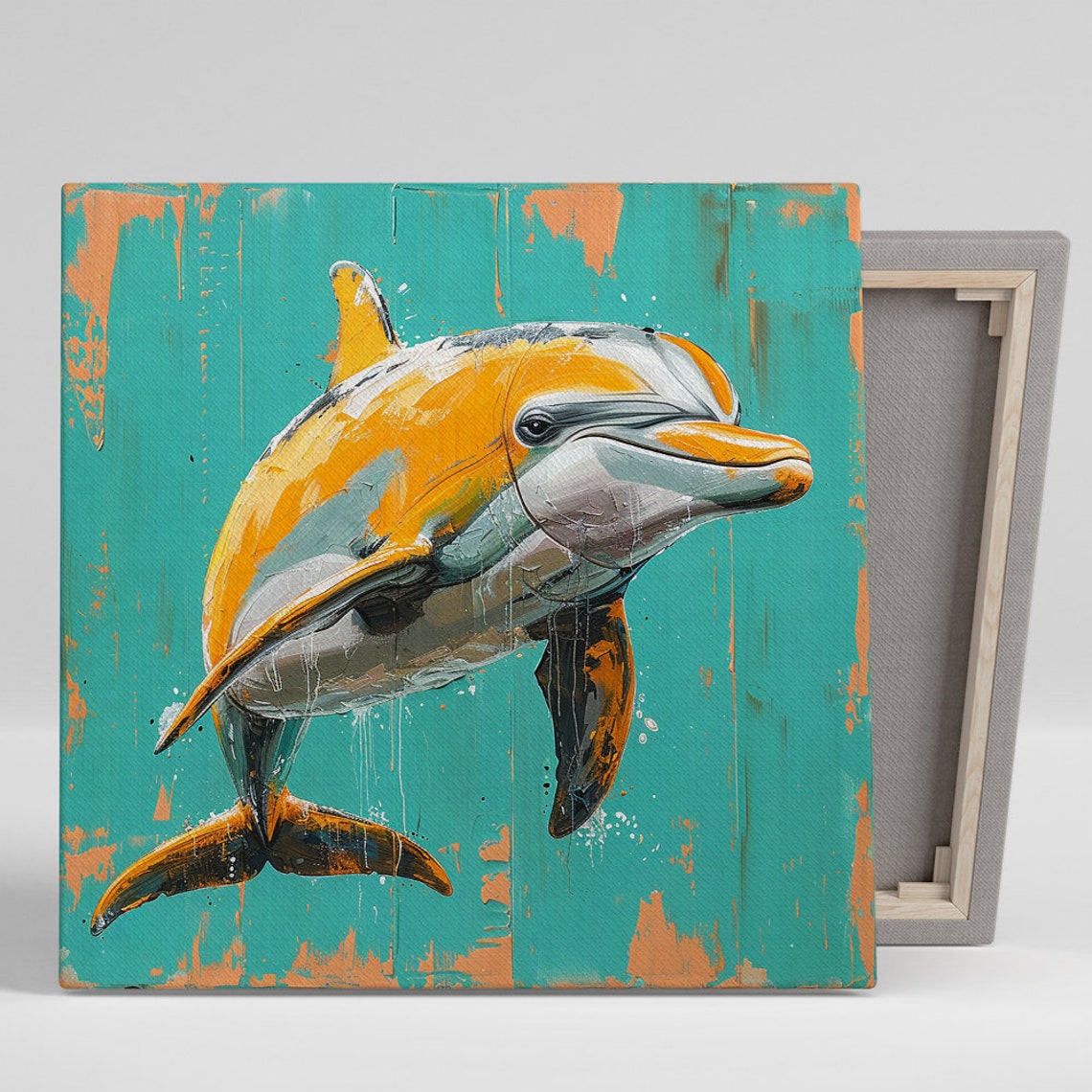 Orange Dolphin on Teal Textured Painterly Ocean Animal Poster