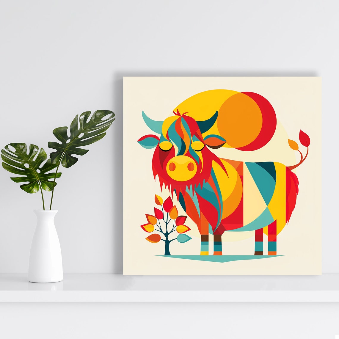 Geometric Colorful Highland Cow Retro Sun Bold Modern Art Poster - Image 2