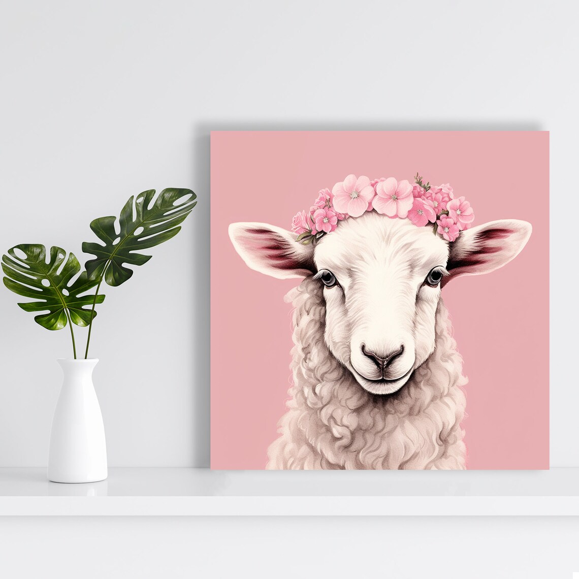 Sheep Pink Flower Crown Portrait Whimsical Rustic Farmhouse Poster - Image 2