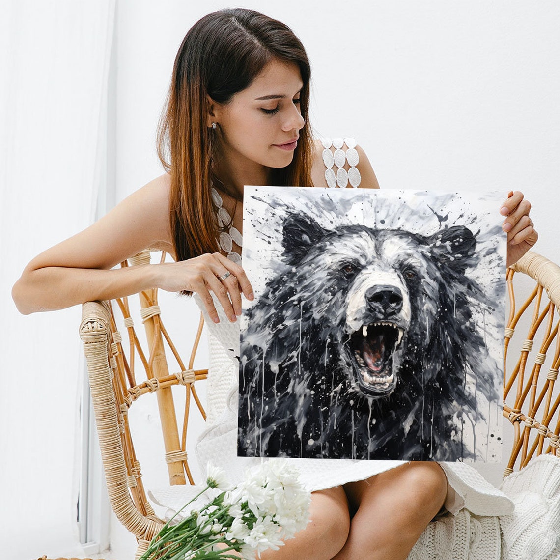 Roaring Black Bear Splash Paint Monochrome Wildlife Wall Art Poster - Image 3