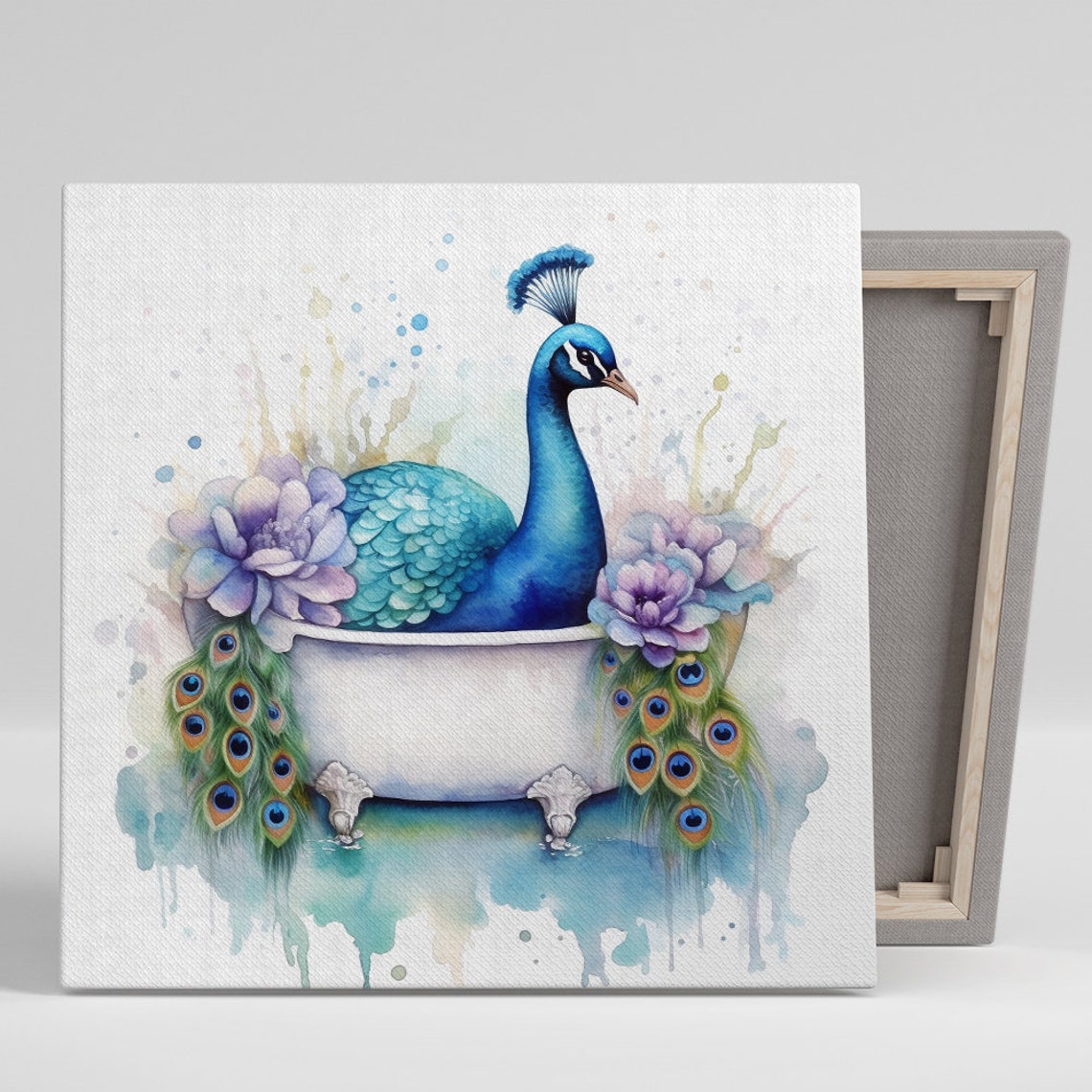 Peacock Bathing Watercolor Flowers Blue Purple Turquoise Wall Art
