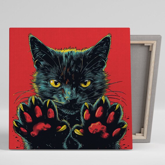 Black Cat Paws Street Art Yellow Eyes Bold Red Pop Wall Poster
