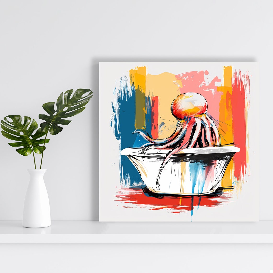 Playful Octopus In Bathtub Abstract Sketch Red Blue Splash Poster - Image 2