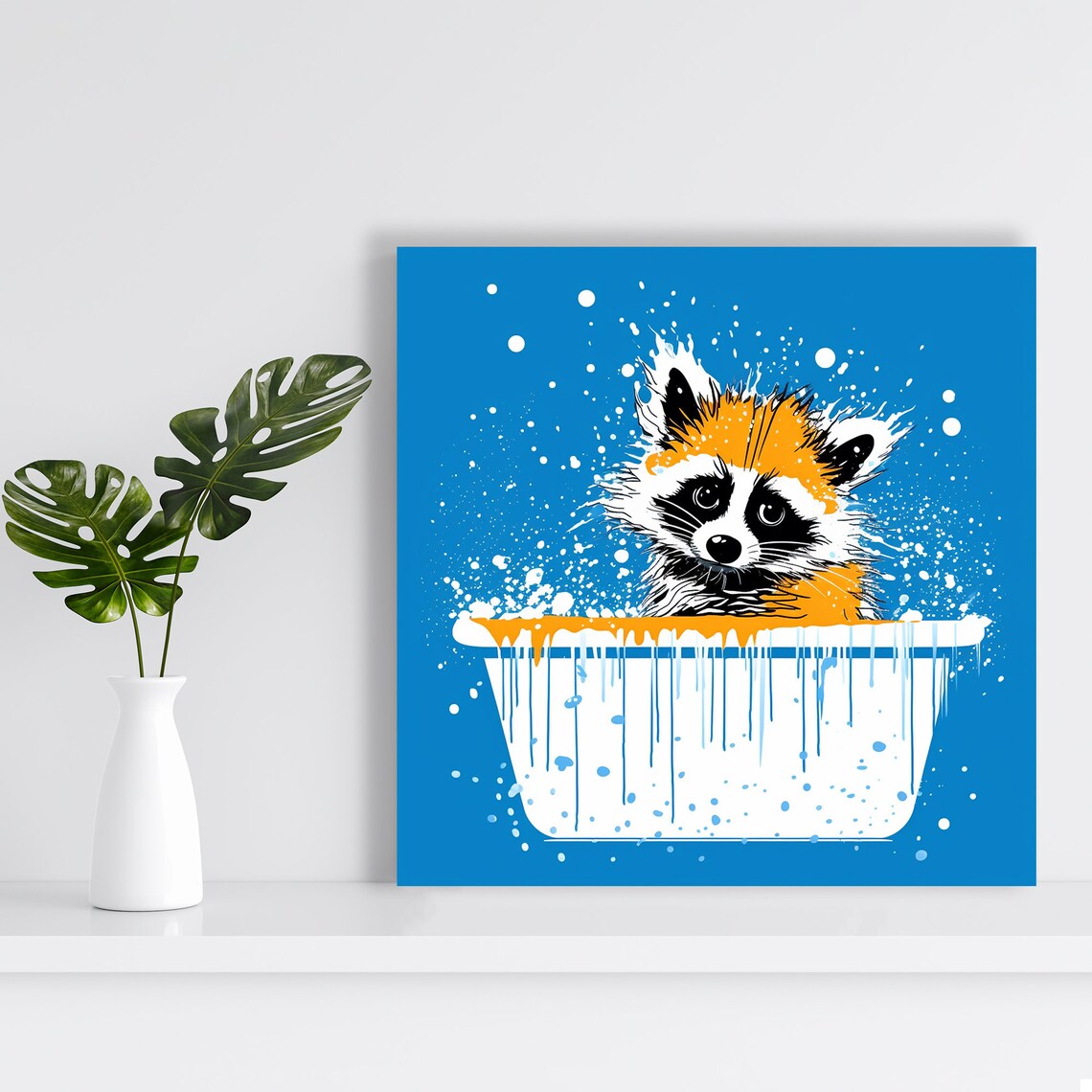 Playful Raccoon Bathing In White Tub Minimalist Blue Splash Kids Art Poster - Image 2