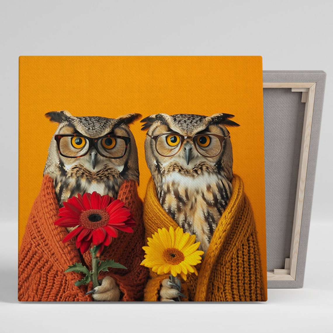 Two Owls With Glasses Holding Flowers Cozy Fall Wall Art Poster