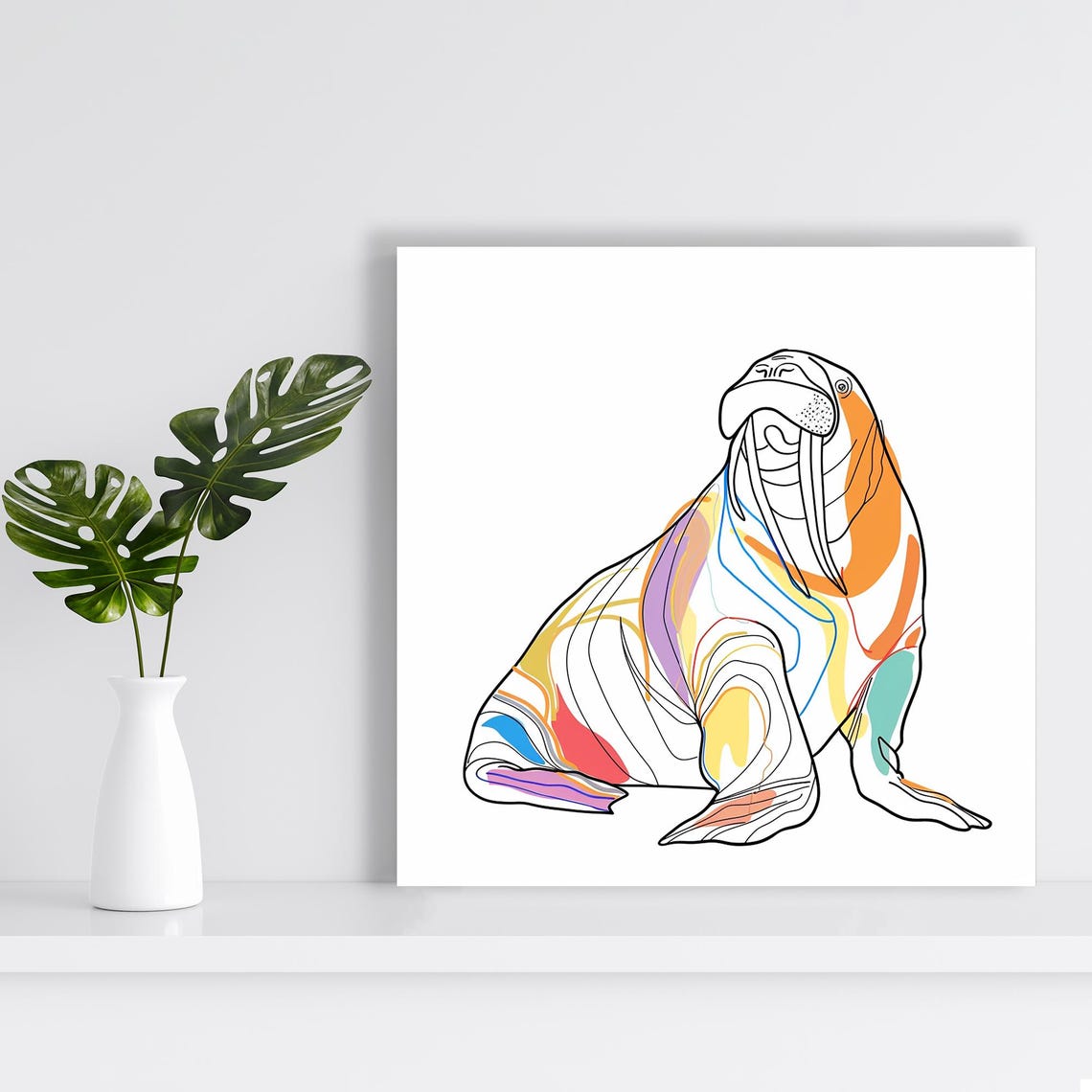 Minimalist Line Walrus Drawing with Color Accents Modern Animal Poster - Image 2