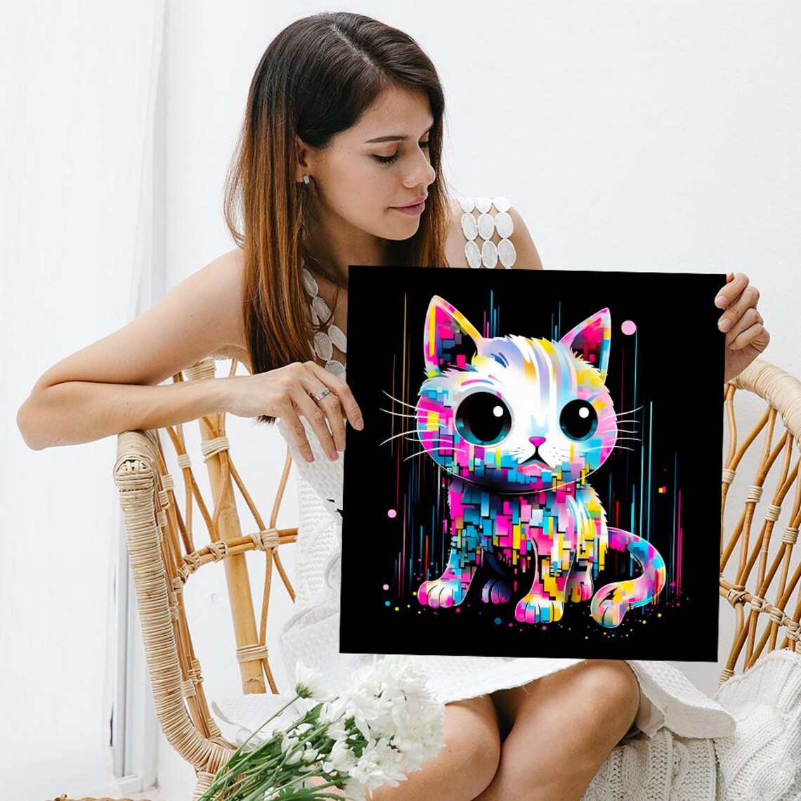 Neon Pixel Kitten Pop Art Poster, Contemporary Decor - Image 3