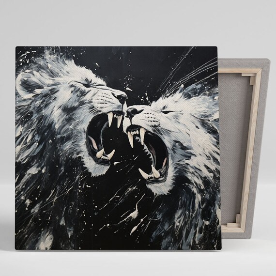 Two White Lions Roaring Face To Face Monochrome Wildlife Poster