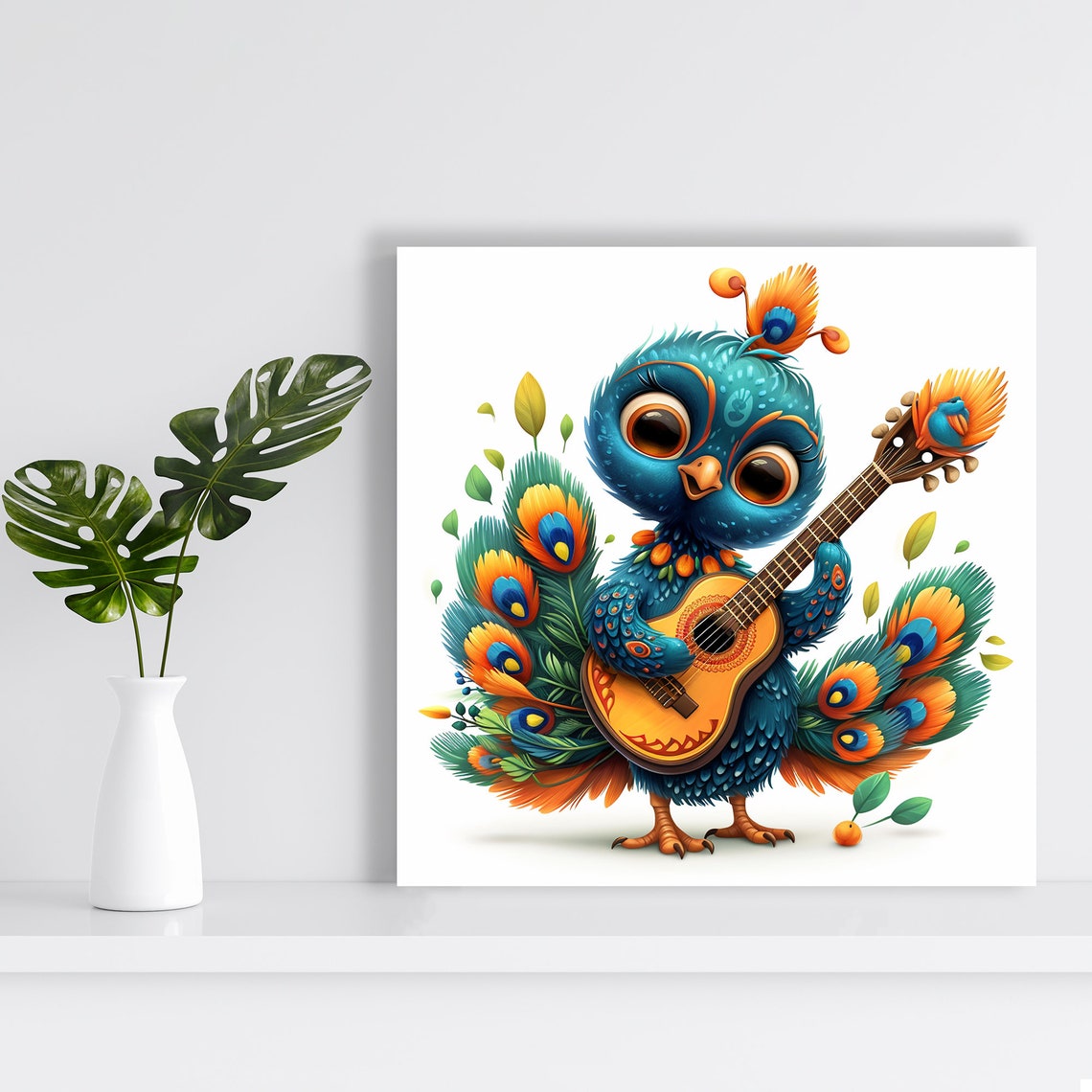 Cute Baby Peacock Playing Guitar Blue Orange Nursery Music Poster - Image 2