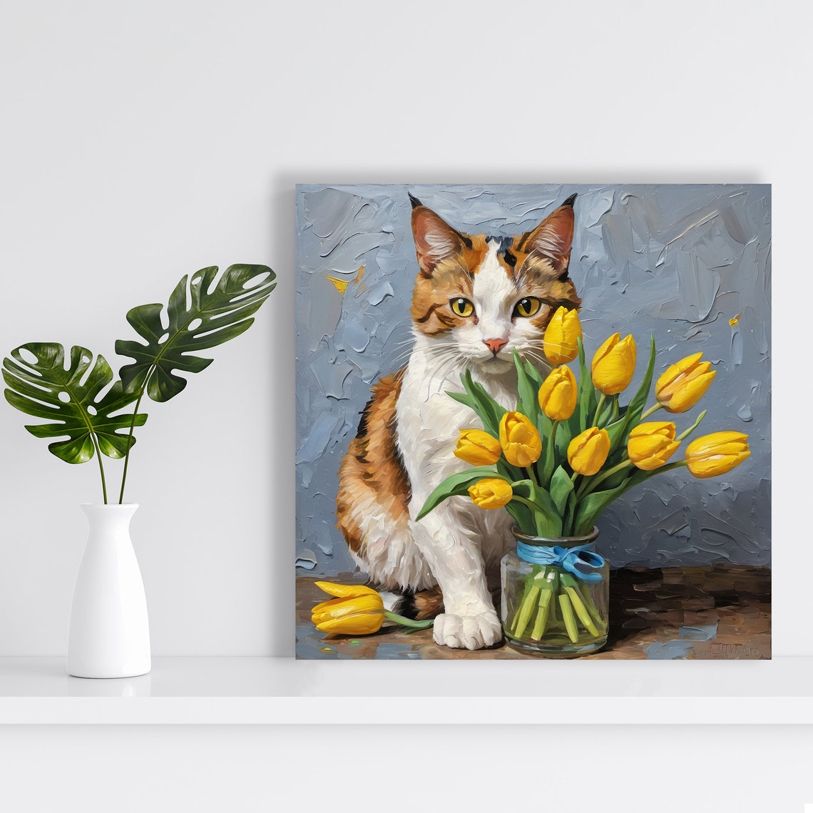 Orange White Cat with Yellow Tulips Impasto Floral Kitchen Wall Poster - Image 2