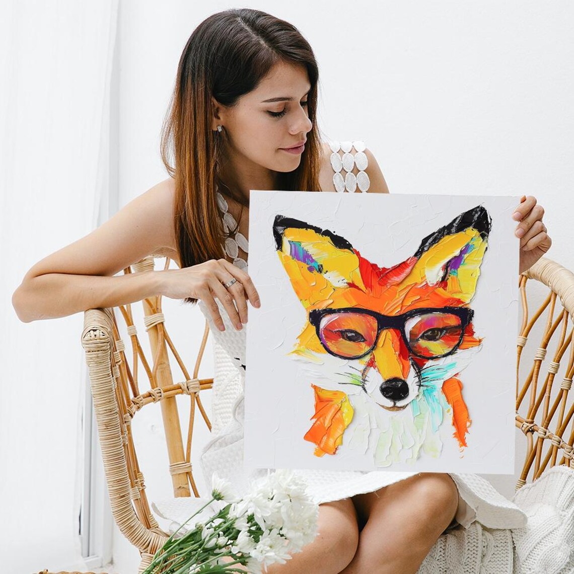 Hipster Fox Wearing Black Glasses Bright Impasto Palette Knife Colorful Poster - Image 3