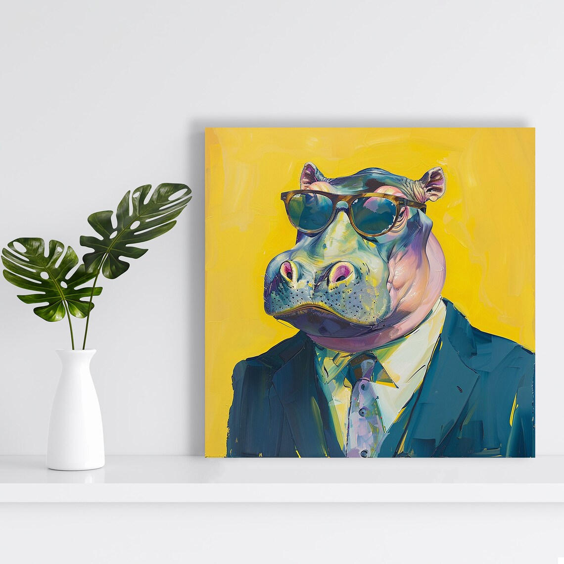Dapper Hippo in Sunglasses Suit Pop Art Portrait Yellow Background Poster - Image 2