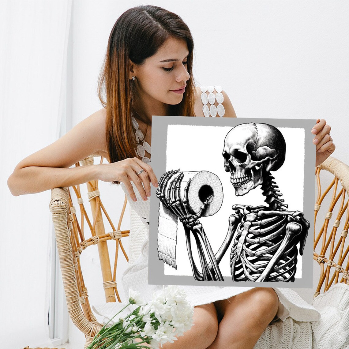 Skeleton Holding A Toilet Paper Roll Detailed Gothic Sketch Funny Bathroom Poster - Image 5
