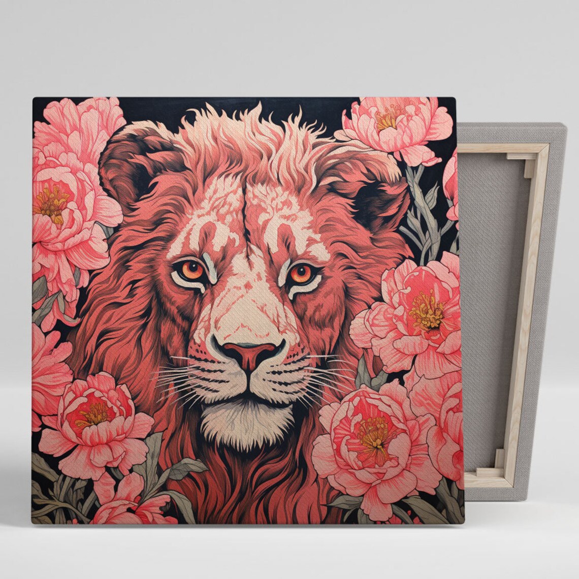 Coral Red Lion Face With Pink Peonies Floral Wildlife Art Poster