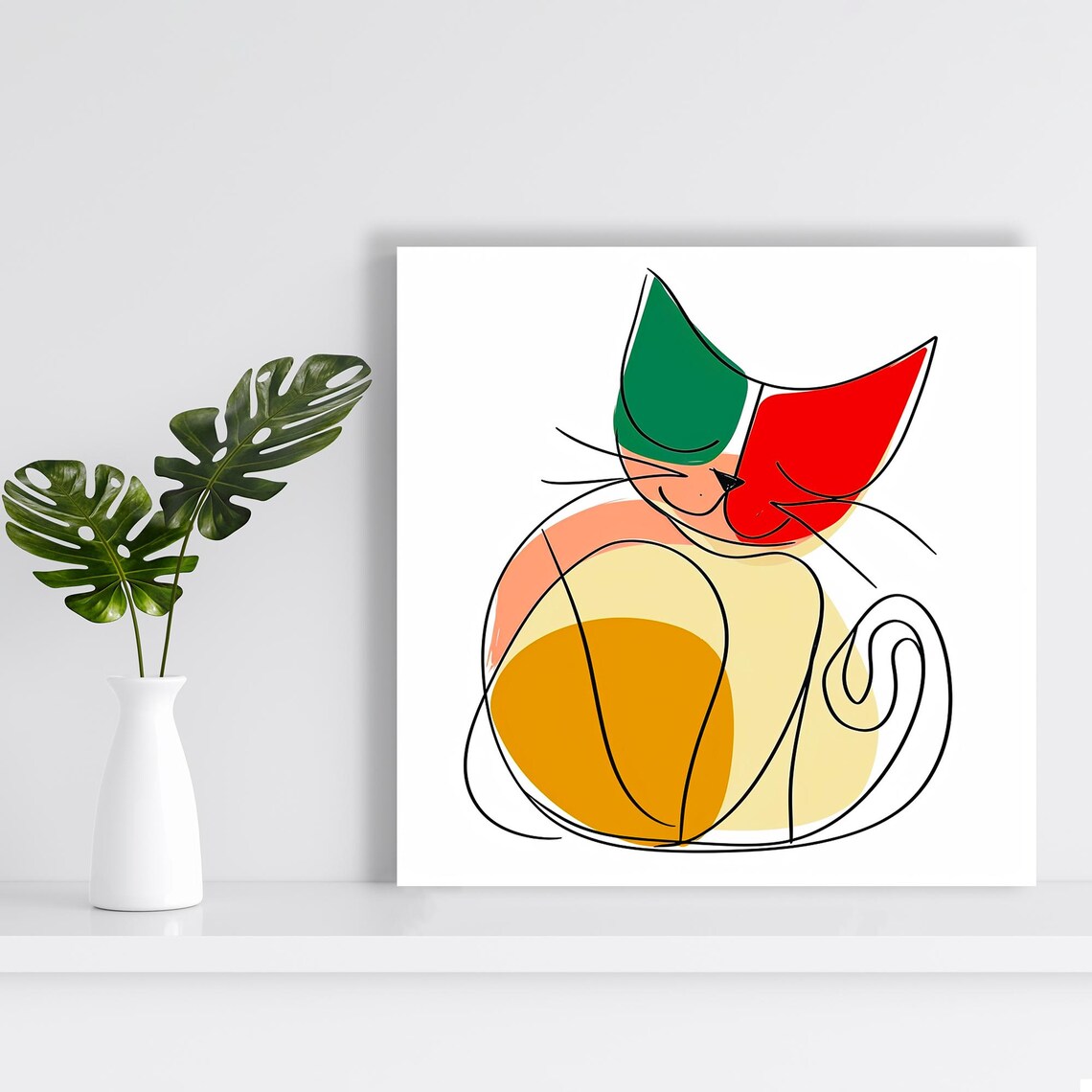Abstract Minimalist Cat Line Art Sleeping Curled Green Red Modern Poster - Image 2