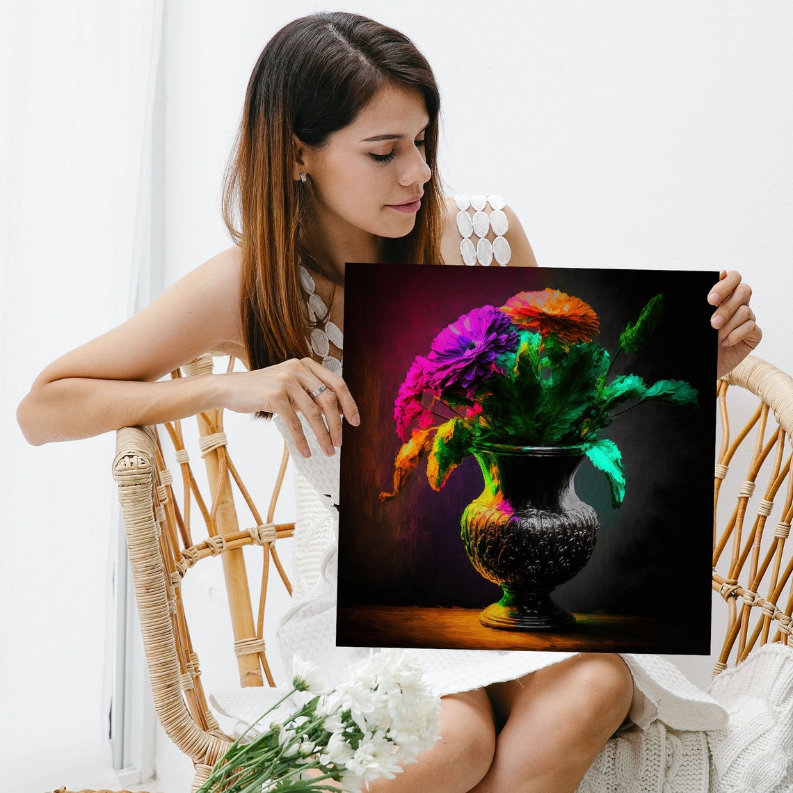 Purple Orange Flower Bouquet In Dark Urn Vase Dramatic Art Poster - Image 5