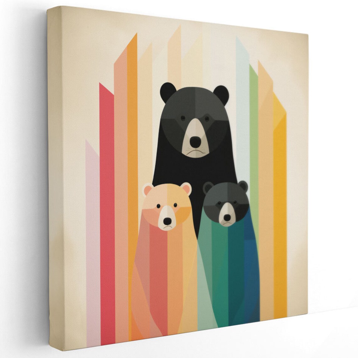 Three Geometric Colorful Bears Rainbow Stripes Mid Century Kids Art Poster - Image 2