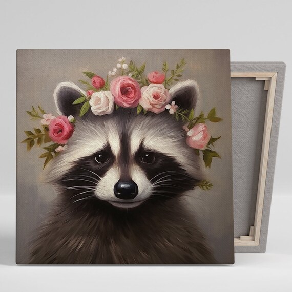 Baby Raccoon Pink Rose Crown Poster Soft Floral Nursery Kids Room Wall Art