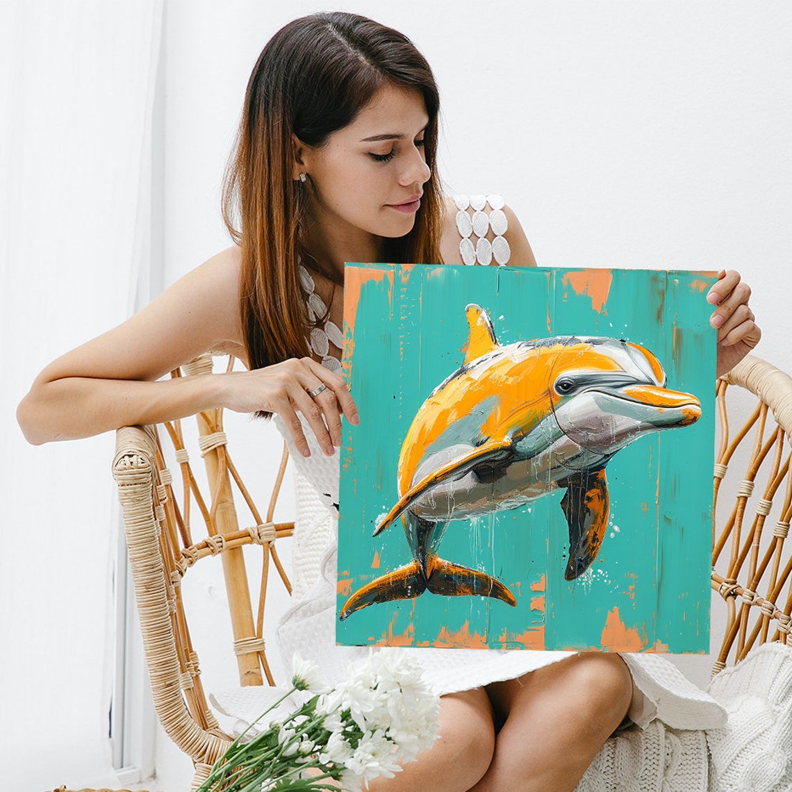 Orange Dolphin on Teal Textured Painterly Ocean Animal Poster - Image 3