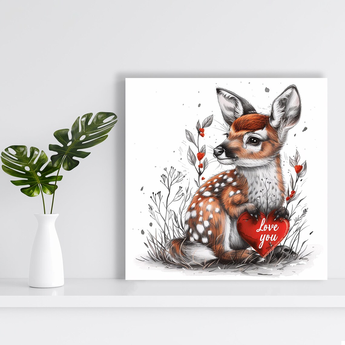 Baby Fawn Holding Red Heart Love You Sweet Nursery Wall Art Poster - Image 2