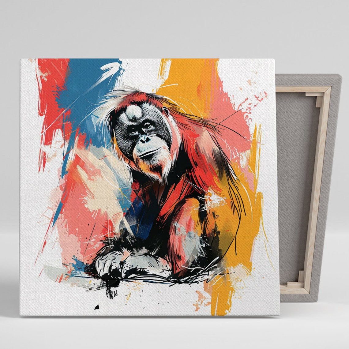 Orangutan Portrait Red Blue Yellow Splash Expressive Ape Poster
