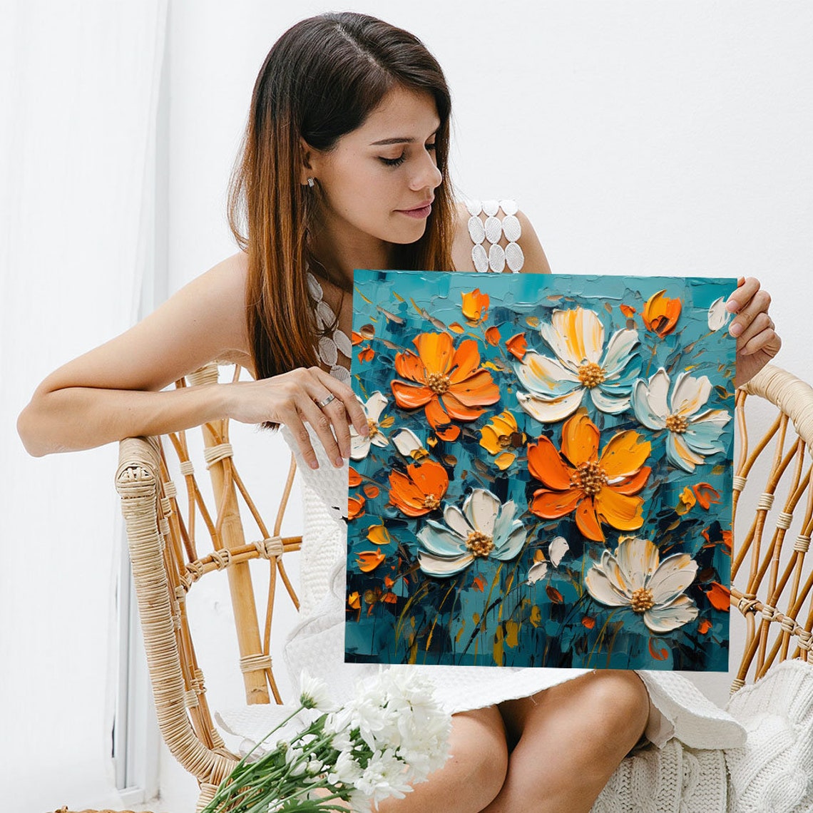 Orange White Flowers Teal Textured Palette Knife Floral Impasto Poster - Image 3