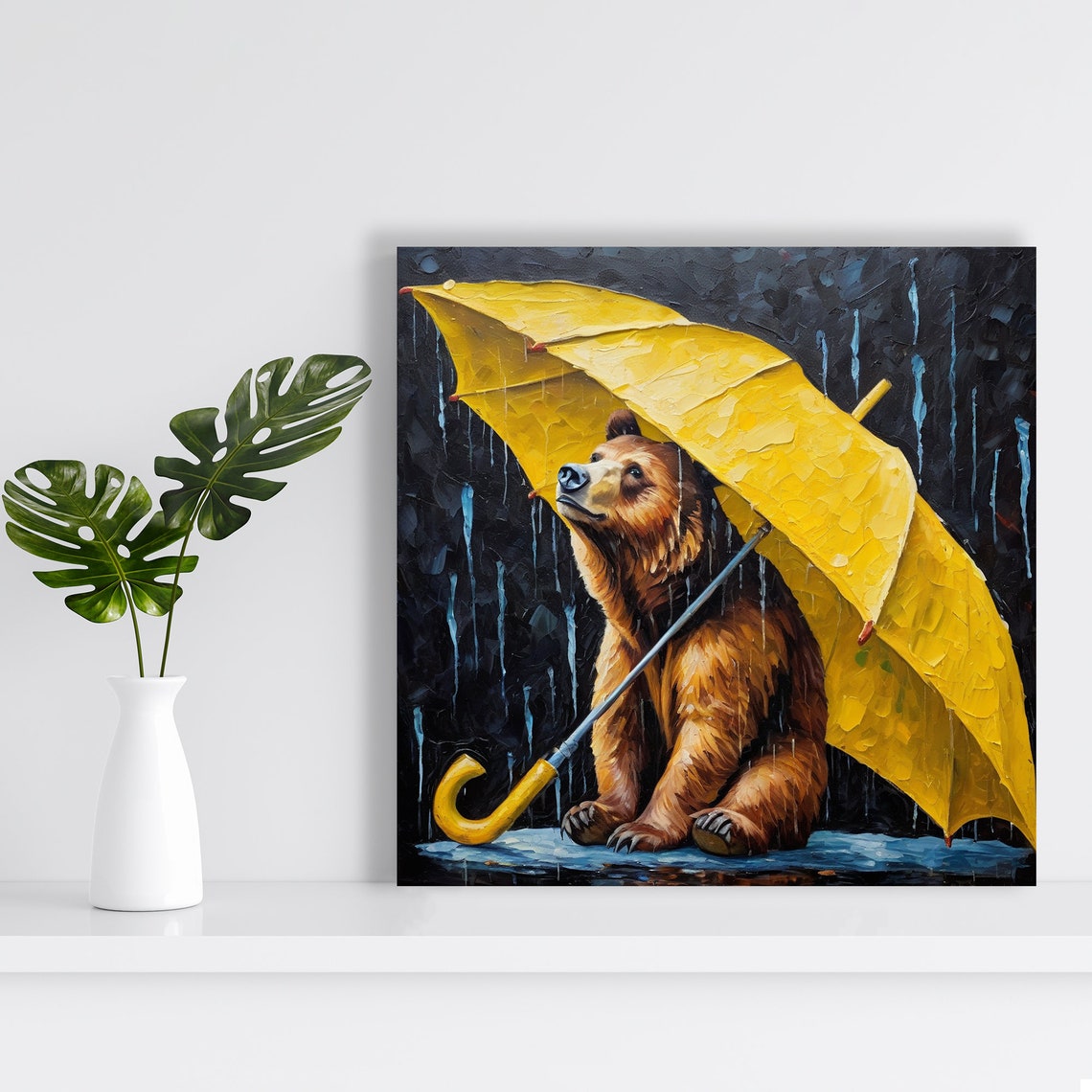Brown Bear Yellow Umbrella Poster Rainy Day Whimsical Animal Decor - Image 2