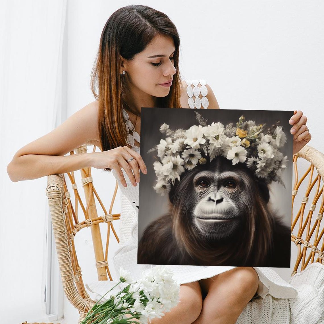 Chimpanzee Wearing White Daisy Floral Crown Dark Background Poster - Image 3