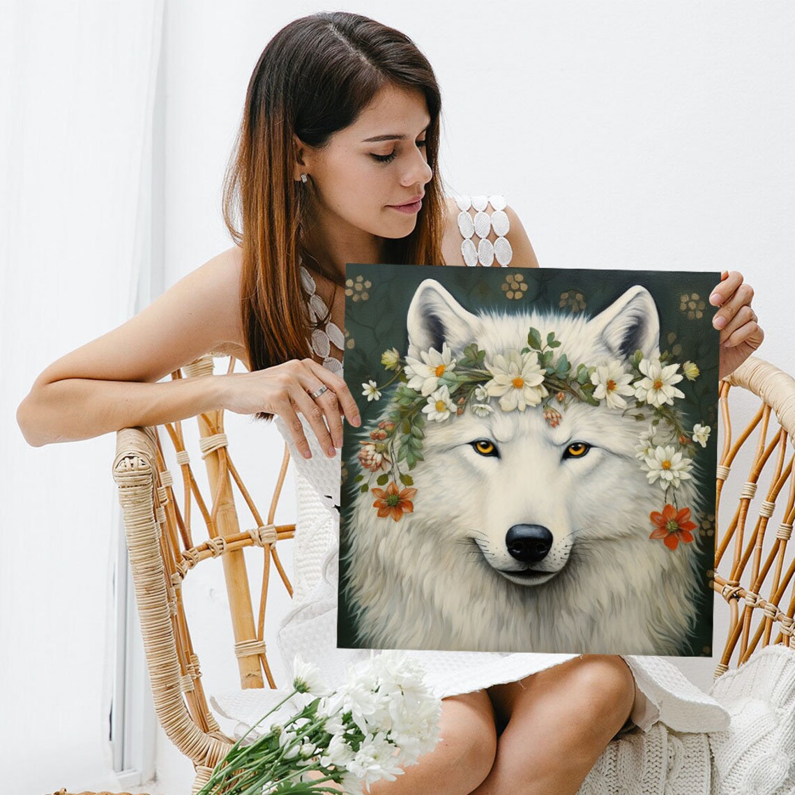 White Wolf Wearing Flower Crown Daisies Dark Green Botanical Art Poster - Image 3