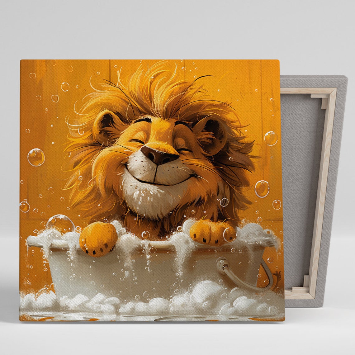 Happy Lion Bubble Bath Cartoon Cute Golden Whimsical Wall Poster