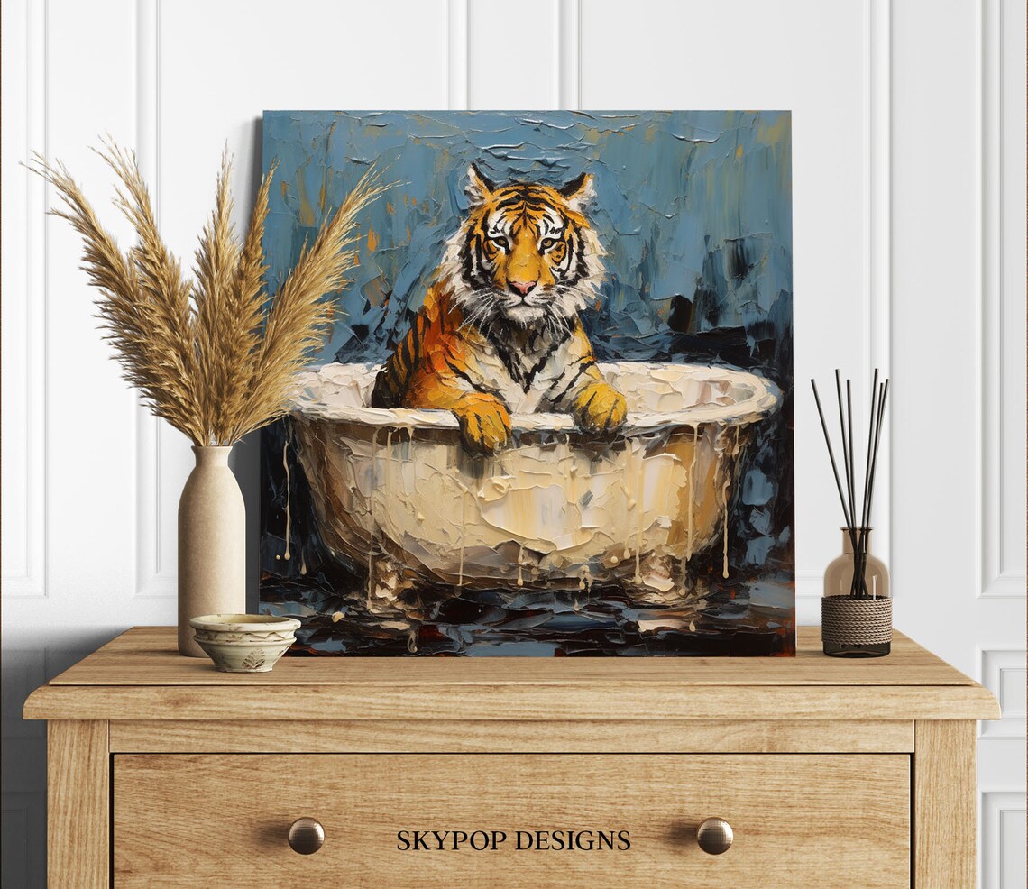 Tiger In Bathtub Impasto Oil Painting Blue Playful Wildlife Art Poster - Image 2