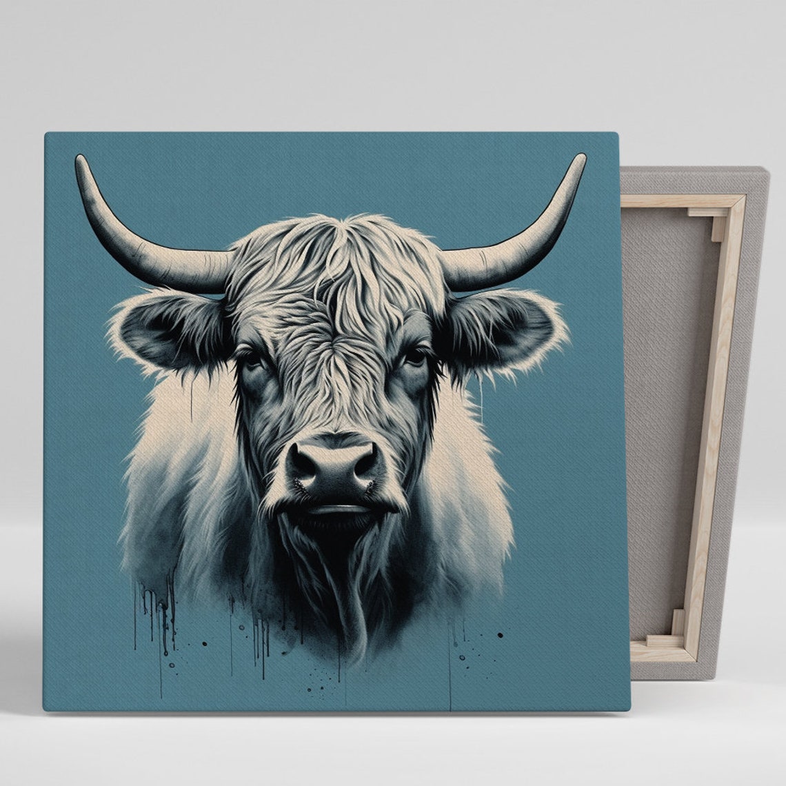Highland Cow Portrait Grayscale on Teal Rustic Farmhouse Wall Poster