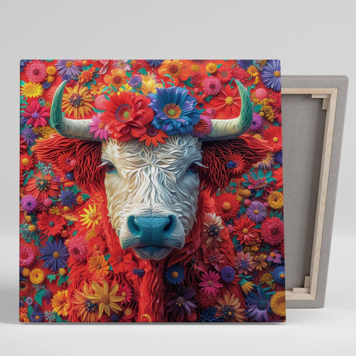 Highland Cow Red Hair Among Colorful Wildflowers Bohemian Wall Poster