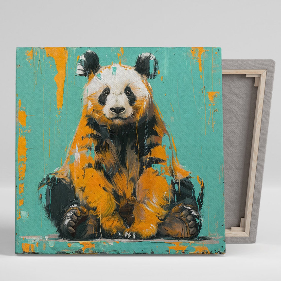 Abstract Panda Splash Orange Teal Paint Modern Urban Wildlife Poster
